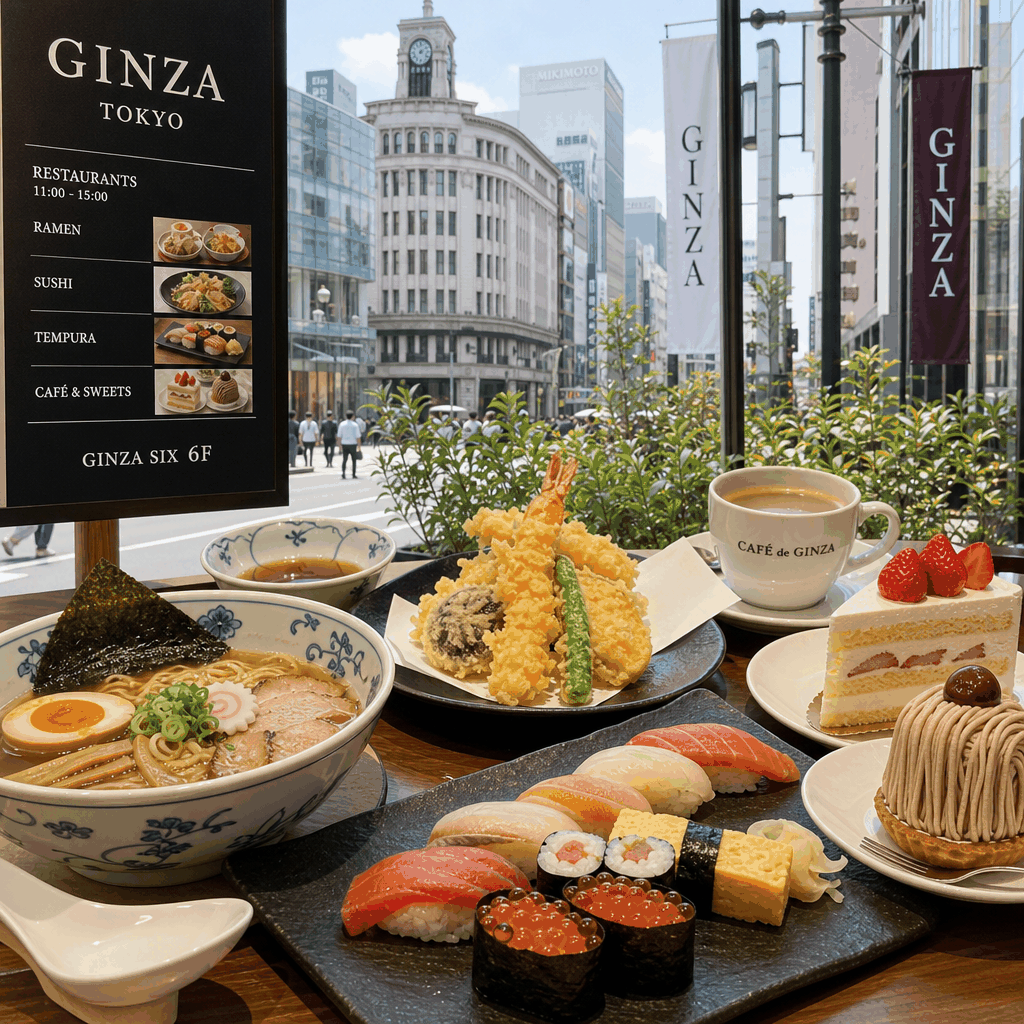 Visitors eating at a cafe or restaurant near Ginza Six after shopping in Tokyo
