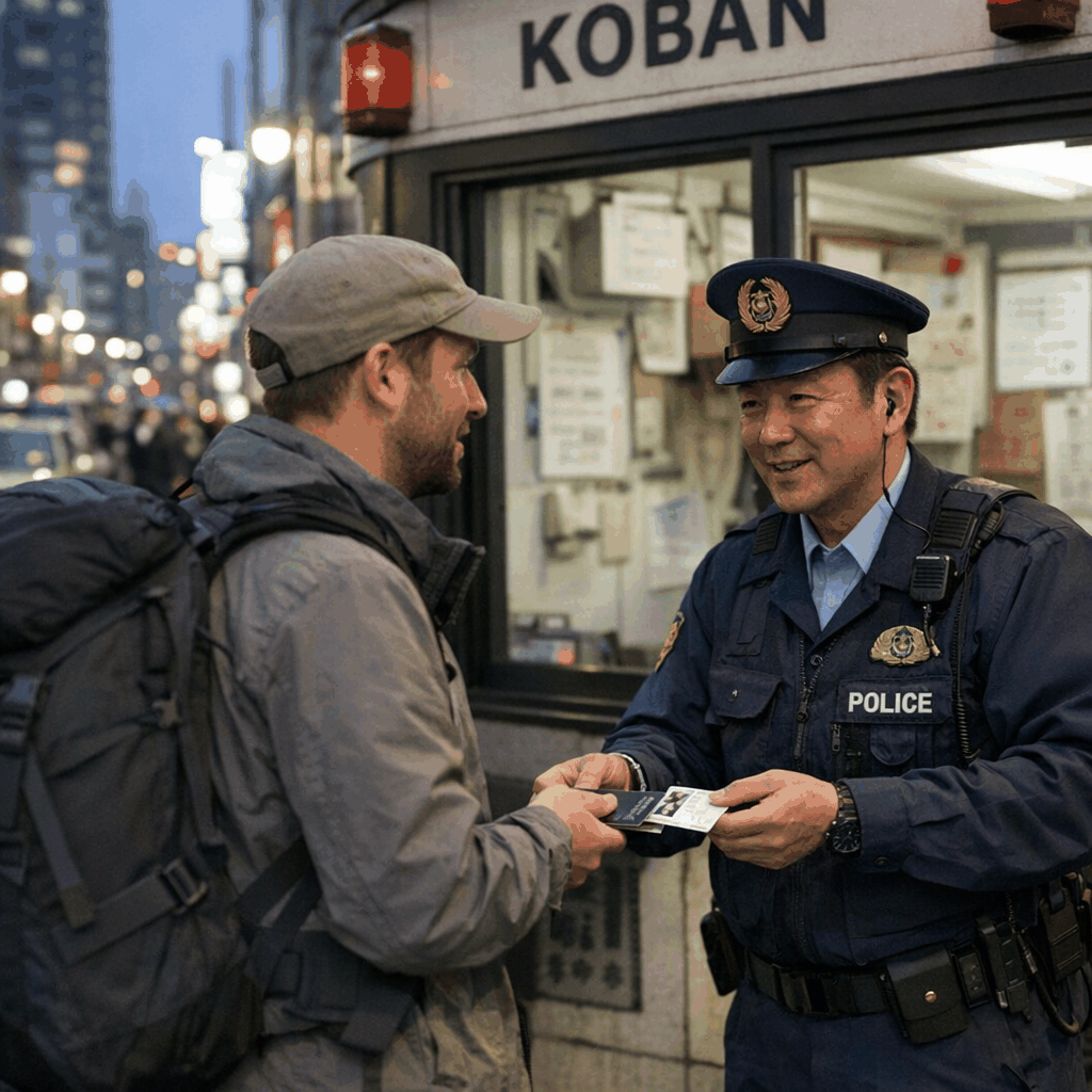 Exterior of a Tokyo koban (police box) near a busy street