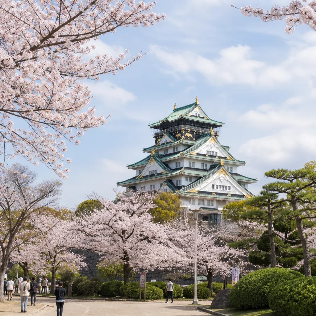 Osaka Castle framed by cherry blossoms in Osaka Castle Park
