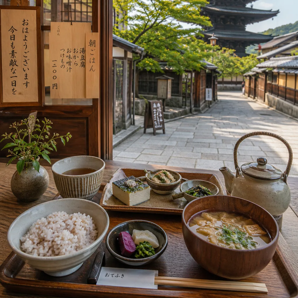 Kyoto café breakfast with clearly labeled plant-based menu items