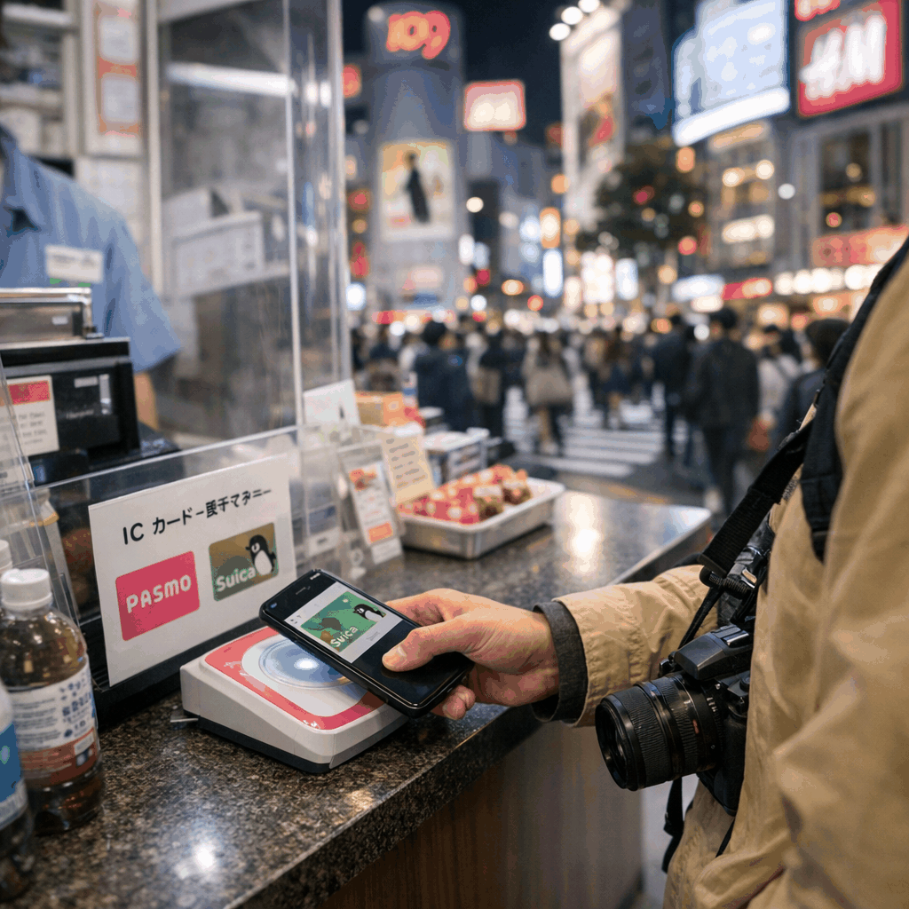 Passenger topping up an IC card at a ticket machine in a Tokyo station