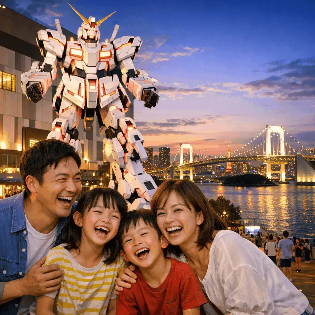Odaiba waterfront with Rainbow Bridge and city skyline at dusk