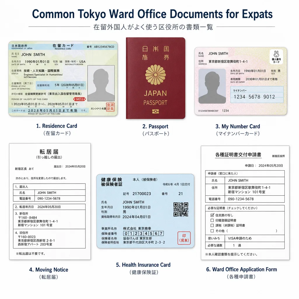 Expats preparing residence card, passport, and My Number documents for a Tokyo ward office visit