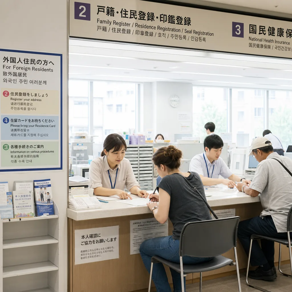 Tokyo ward office counter with multilingual paperwork guidance for expats
