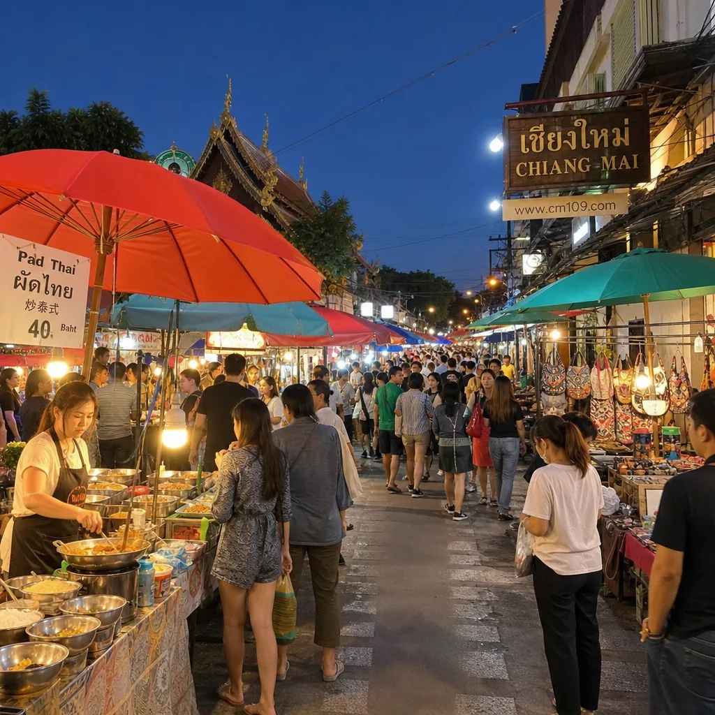 Crowded Chiang Mai walking street market at night with visitors browsing