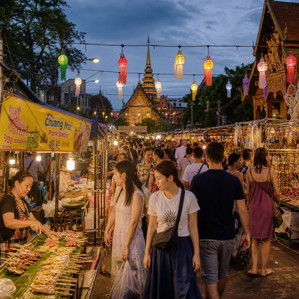 Chiang Mai night market stalls with food and handicrafts at dusk