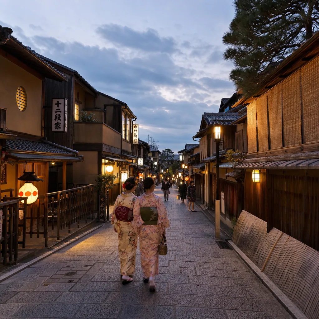 Quiet street in Kyoto’s Gion district at dusk, with traditional machiya buildings and lantern light.