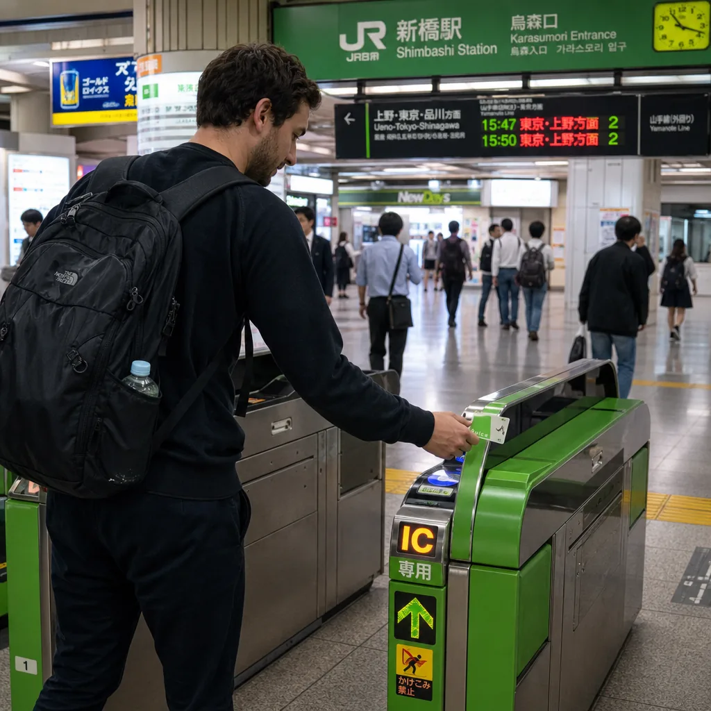 Tokyo station gate area showing travelers using Suica for train entry and exit.