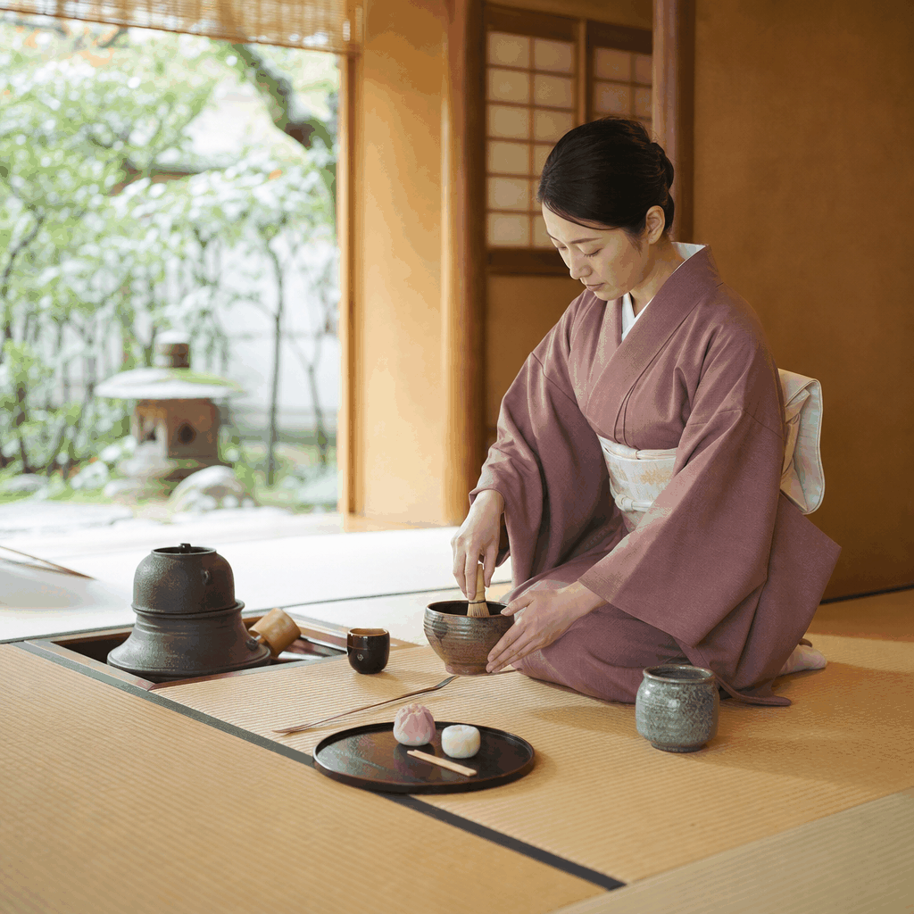 Kyoto tea ceremony with matcha bowl and seasonal sweet in a tatami tea room