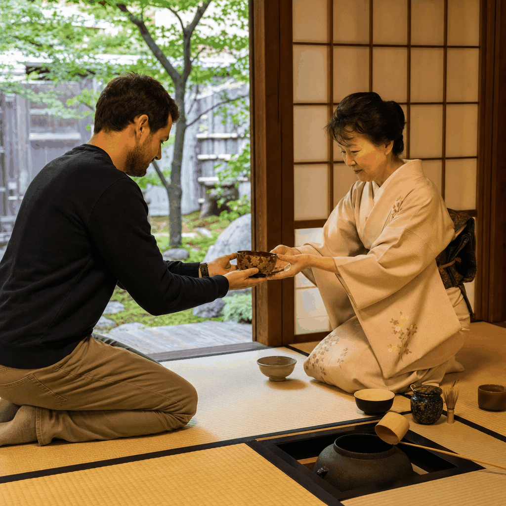 Host preparing matcha during a traditional tea ceremony in Kyoto