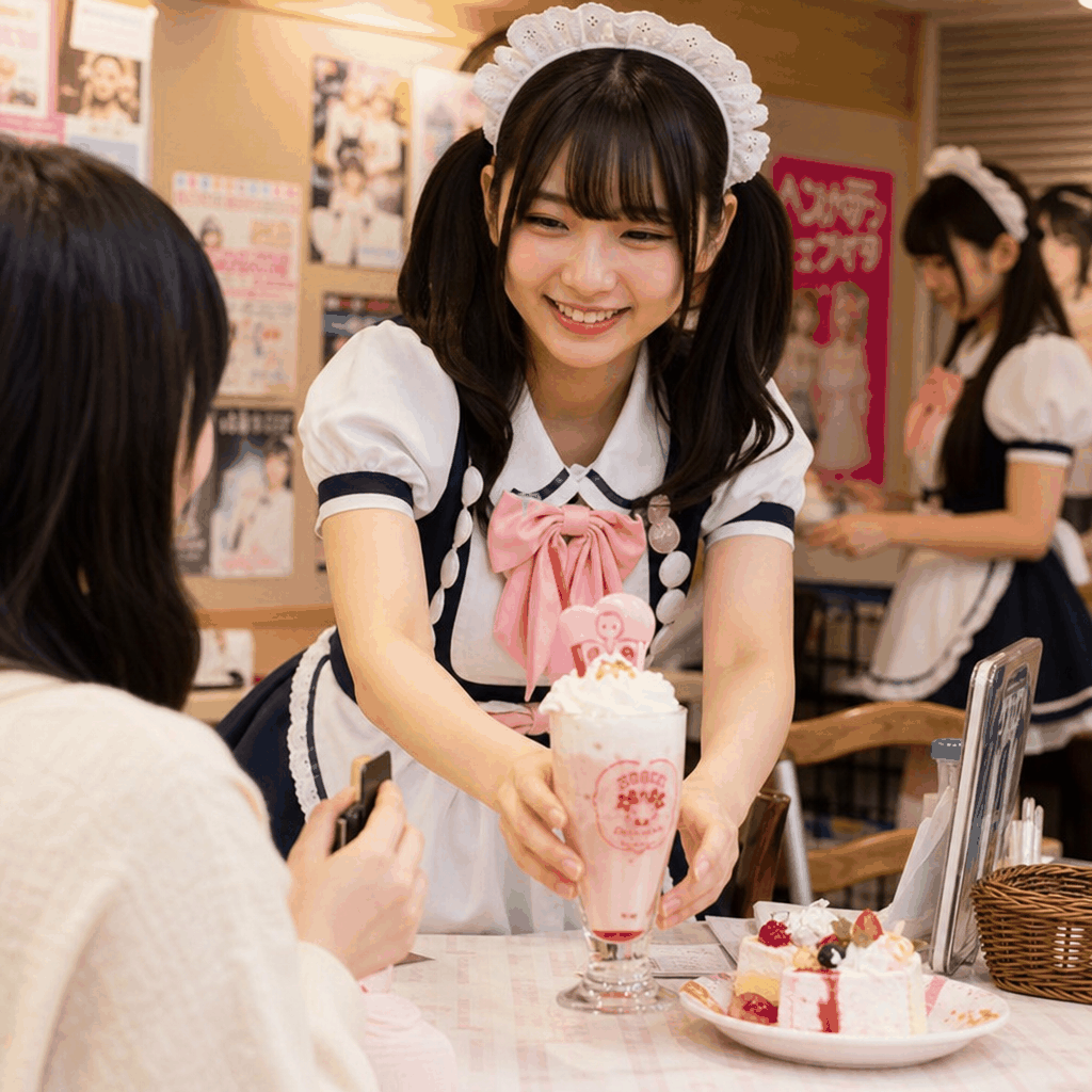 Akihabara street scene with pop-culture shops near a maid cafe