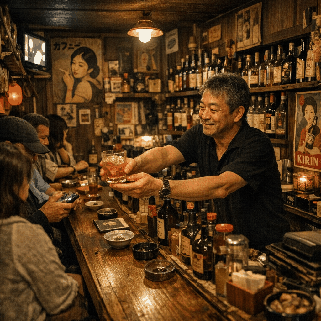 Interior counter of a tiny themed Golden Gai bar with stools and warm lighting