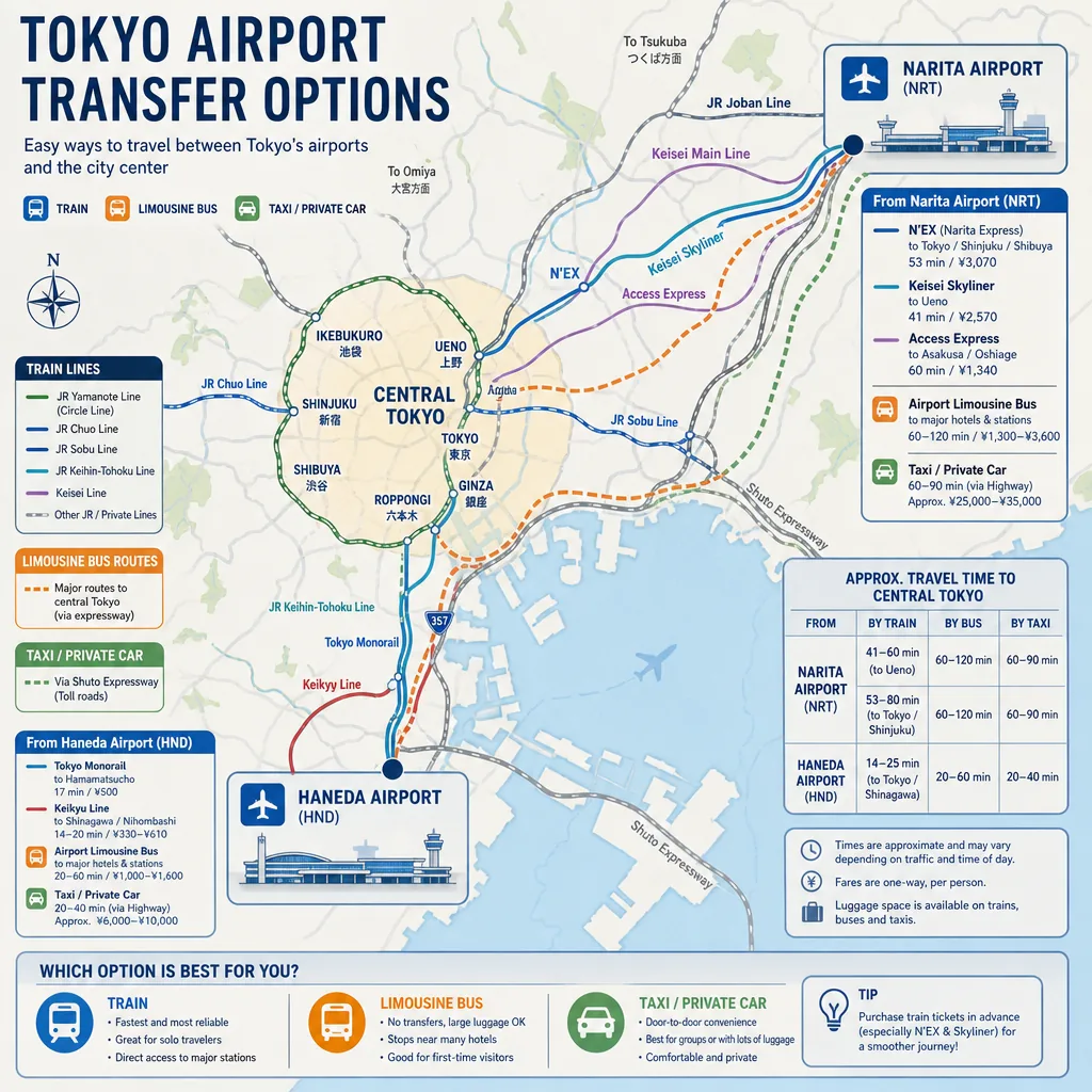 Tokyo airport transfer planning with train, bus, taxi, and private car choices