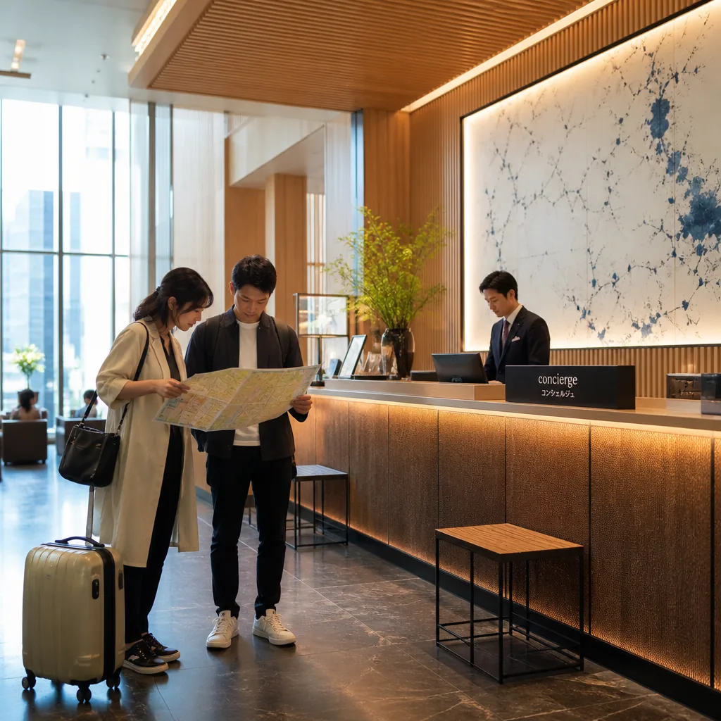 Tokyo hotel concierge desk helping a guest with reservations and station directions