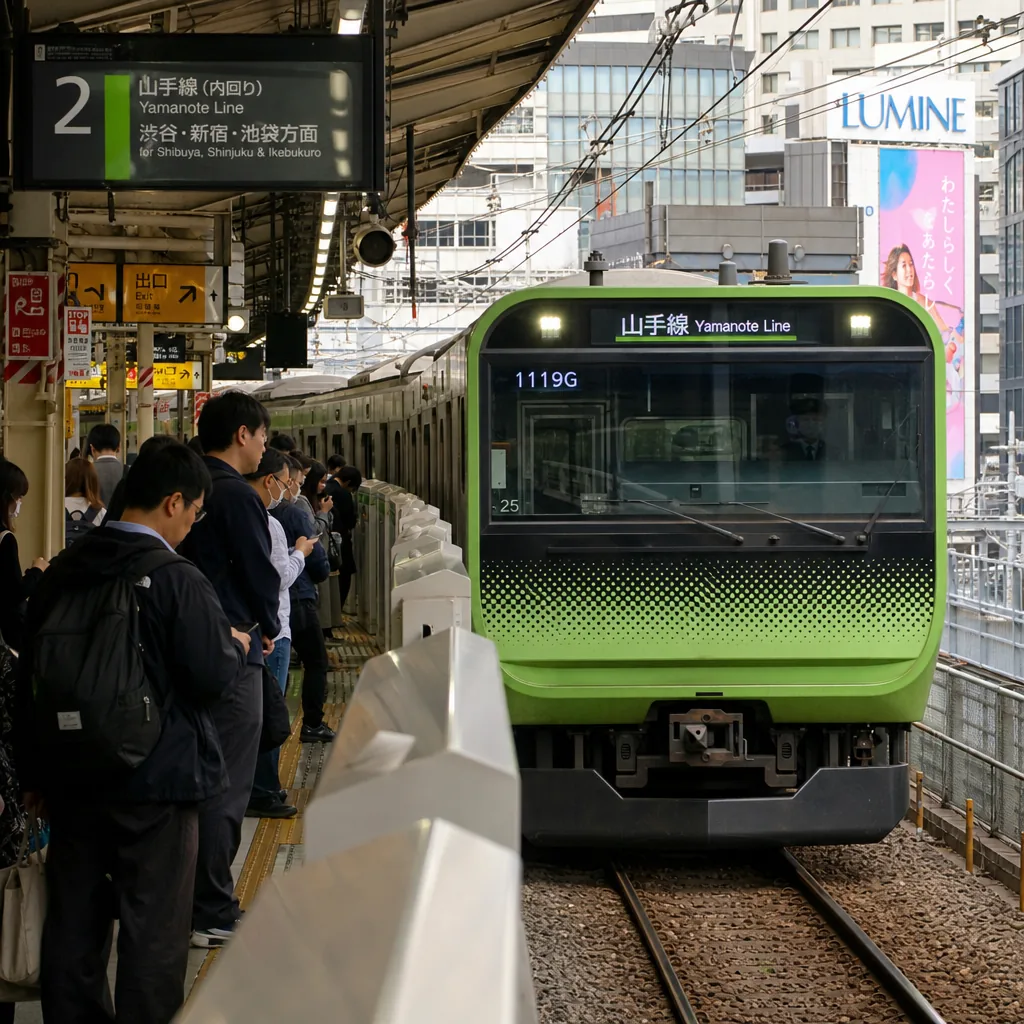 Yamanote Line train passing through a busy Tokyo station platform