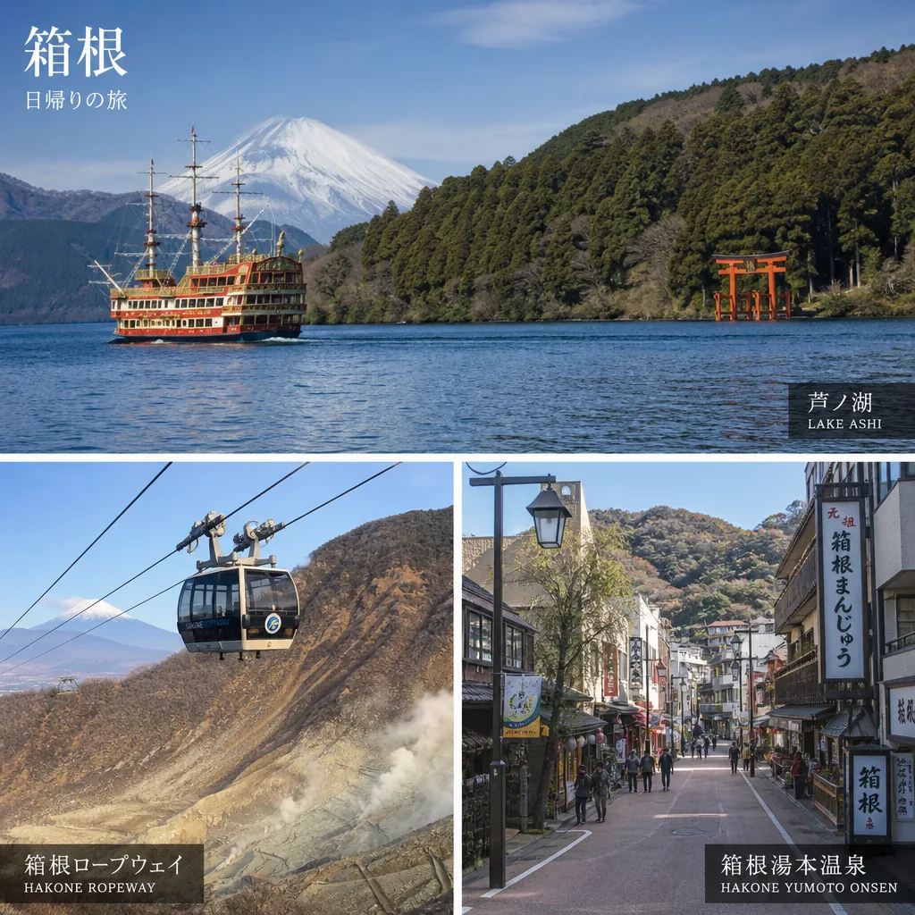 Hakone day trip guidance from Tokyo featuring Lake Ashi, Owakudani, and mountain transport.