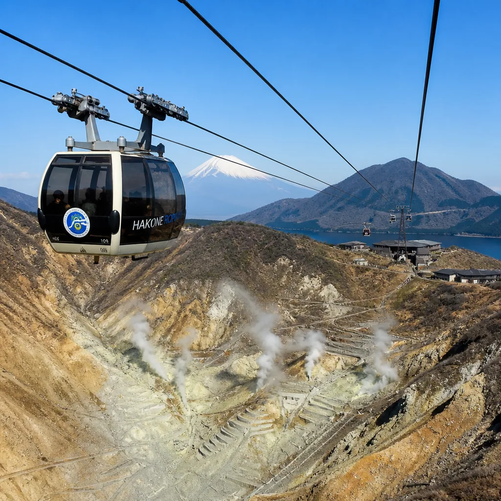 Hakone Ropeway gondolas crossing the volcanic landscape near Owakudani in Hakone