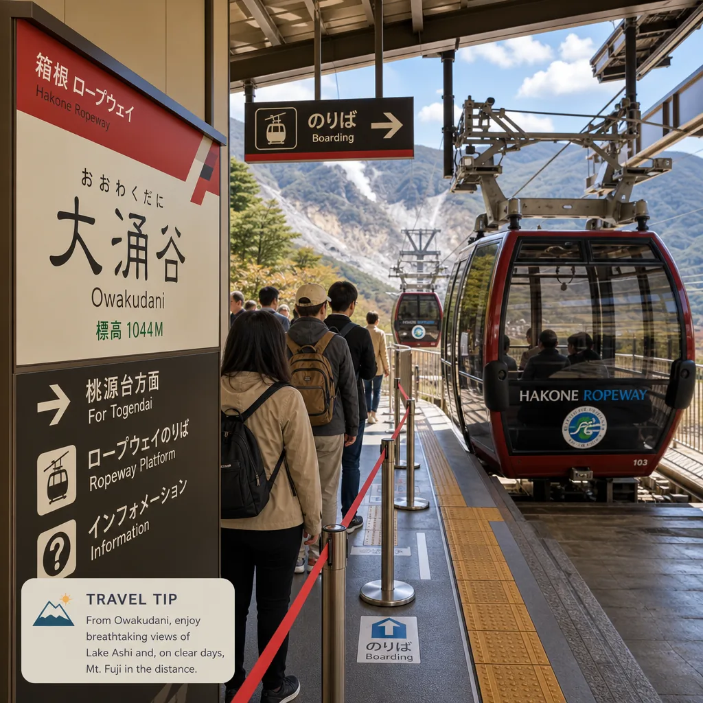 View from the Hakone Ropeway with steam vents and mountain scenery in Hakone