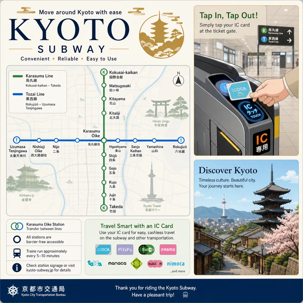 Kyoto transit tips showing subway lines and crowded bus stops