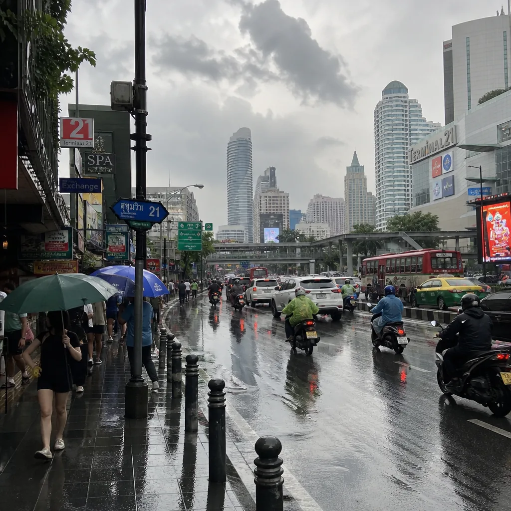 Rainy-season street scene in Bangkok with an umbrella under the monsoon sky