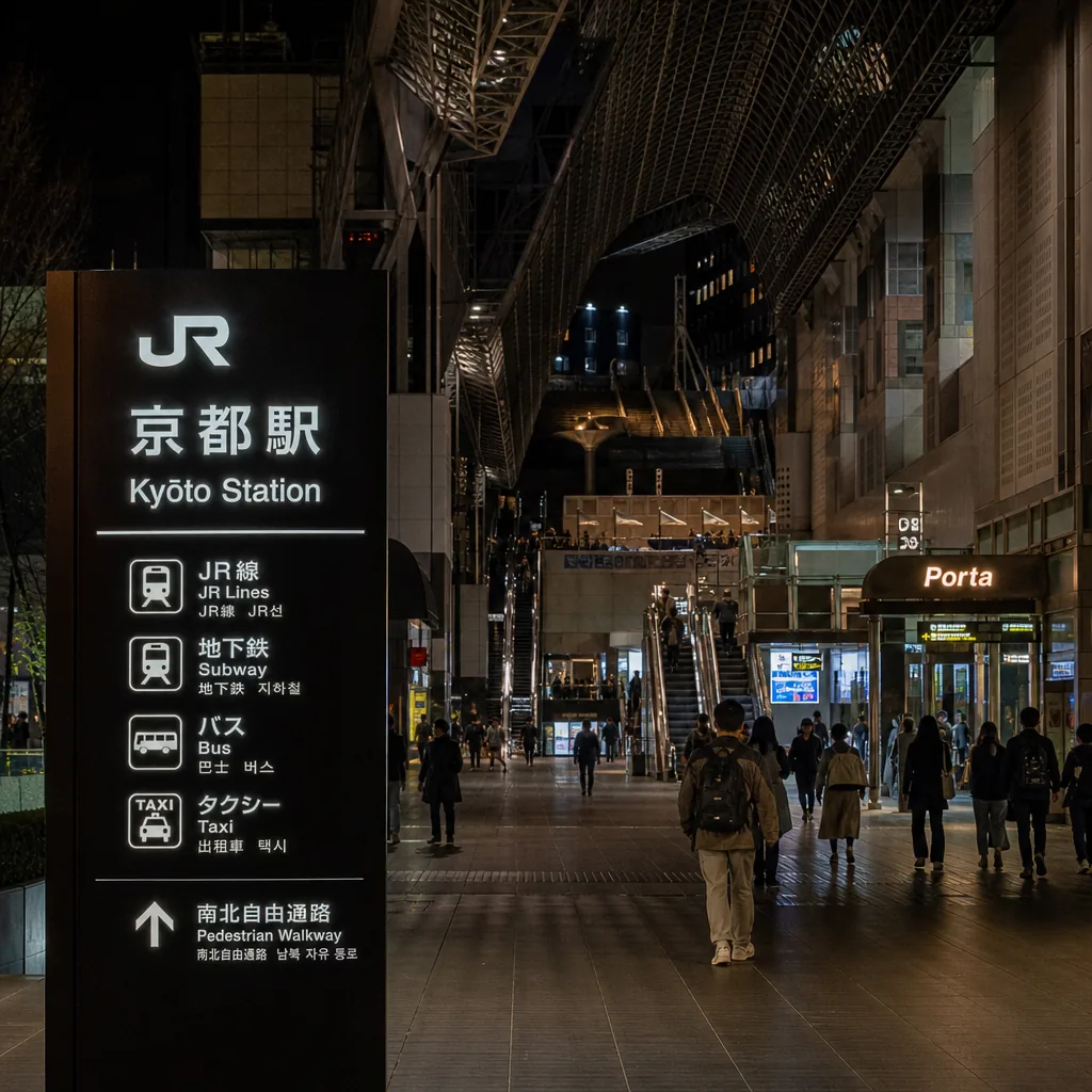 Kyoto Station district at night showing well-lit streets and taxi access
