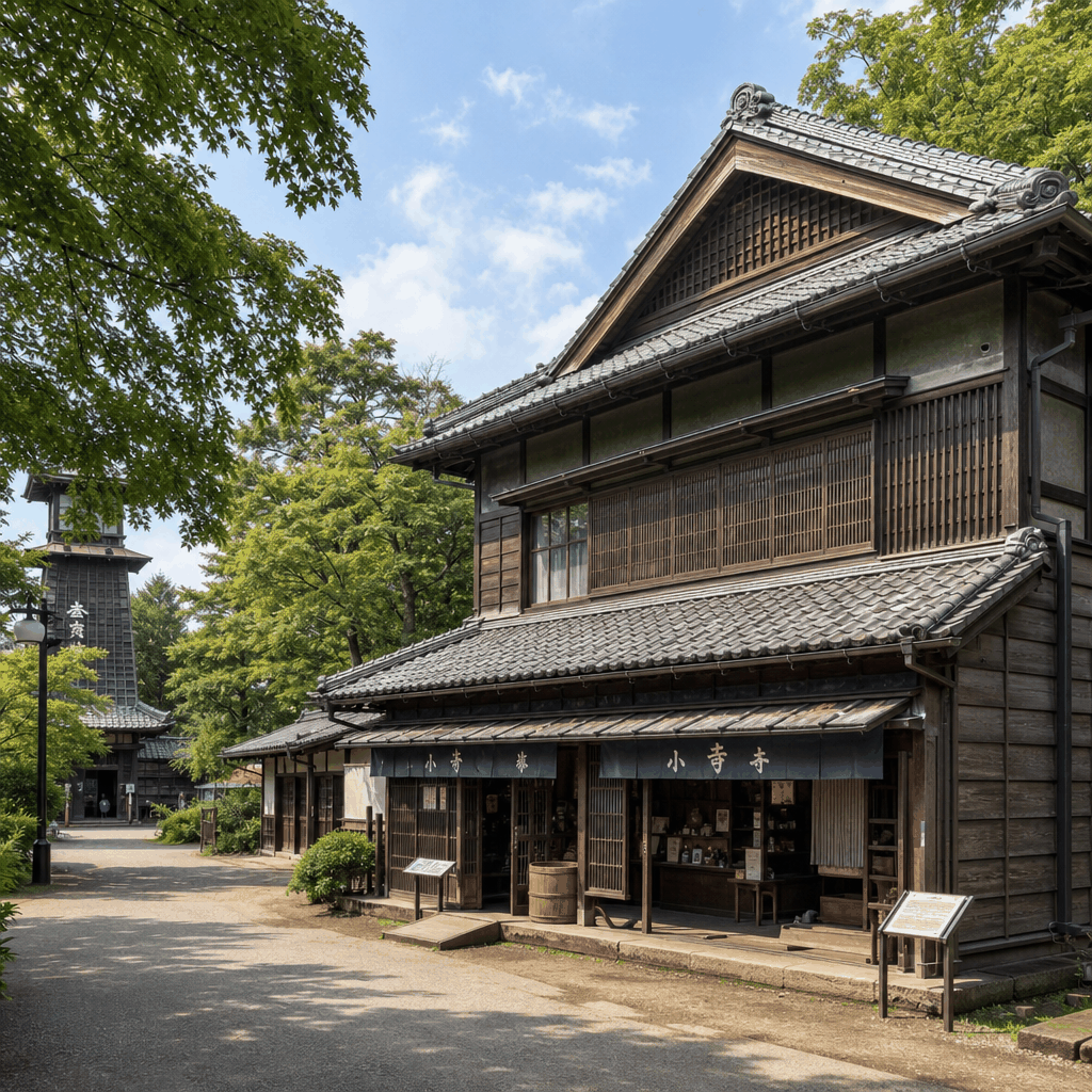 Exterior of a preserved historic building at the Edo-Tokyo Open Air Architectural Museum in