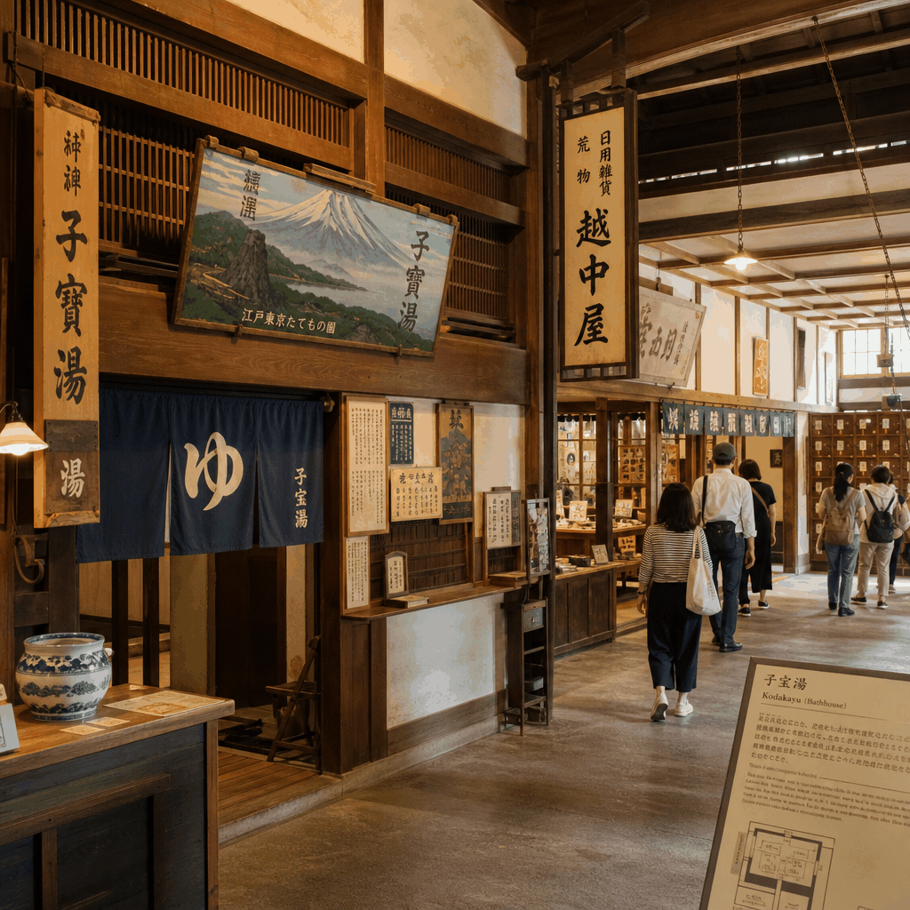 Open-air museum grounds in Tokyo showing relocated traditional buildings from different eras