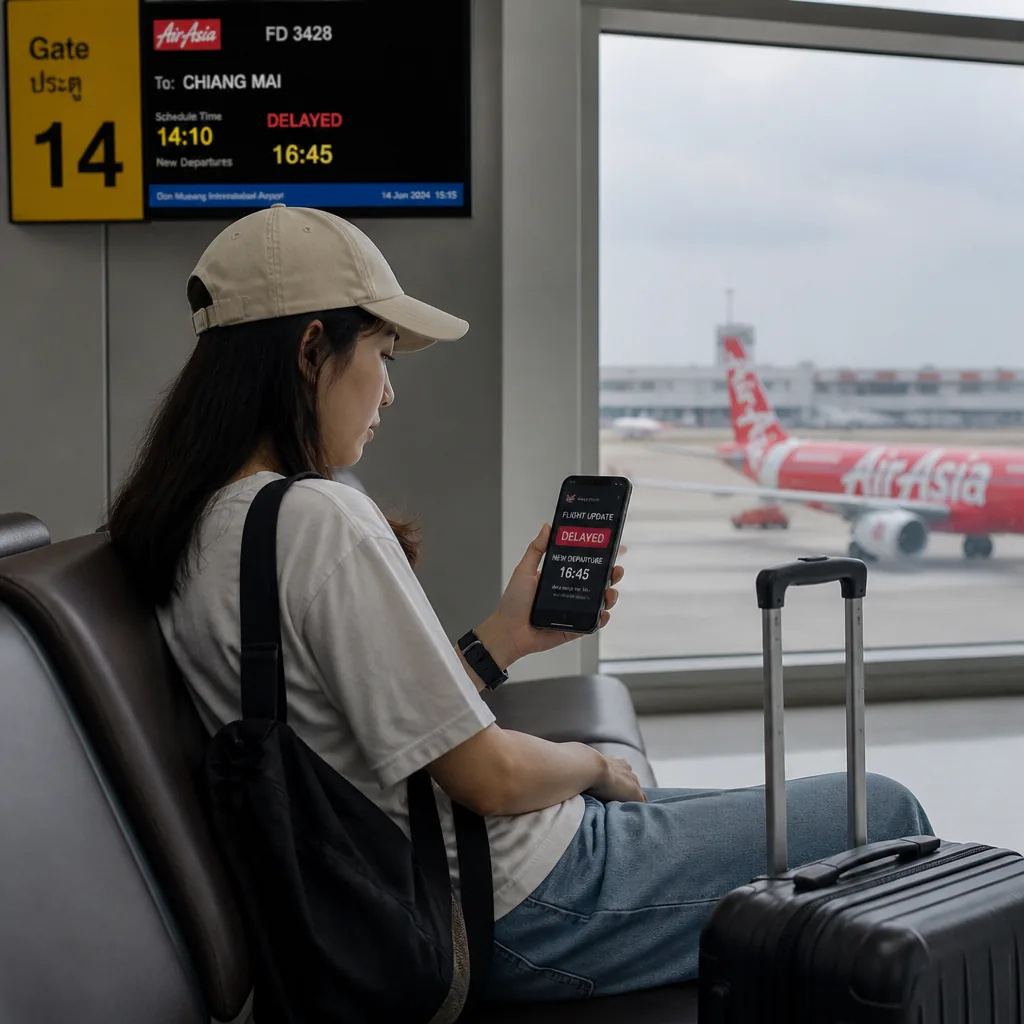 Travelers waiting near a gate at Don Mueang International Airport during a delay
