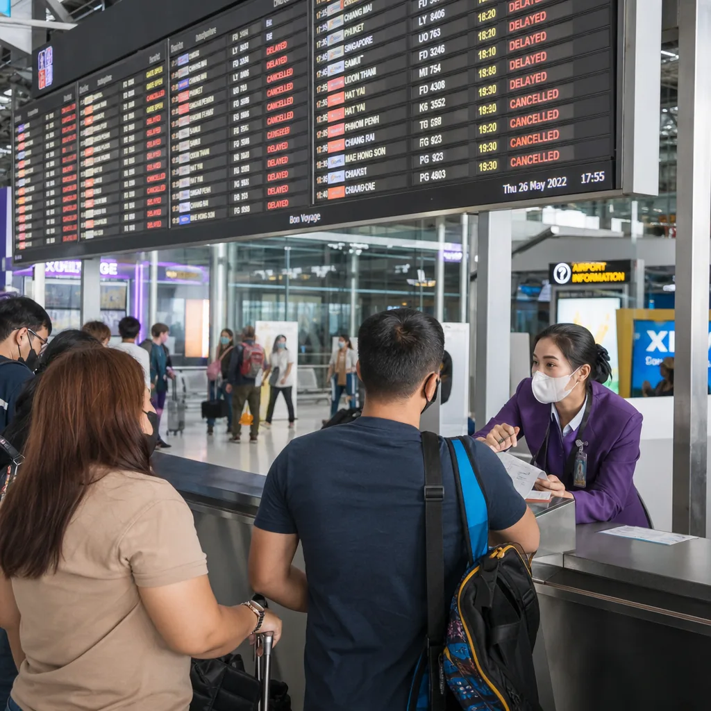 Bangkok airport departure board showing a delayed flight update at Suvarnabhumi Airport