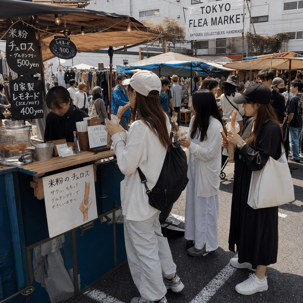 What street food can I find at Tokyo flea markets?