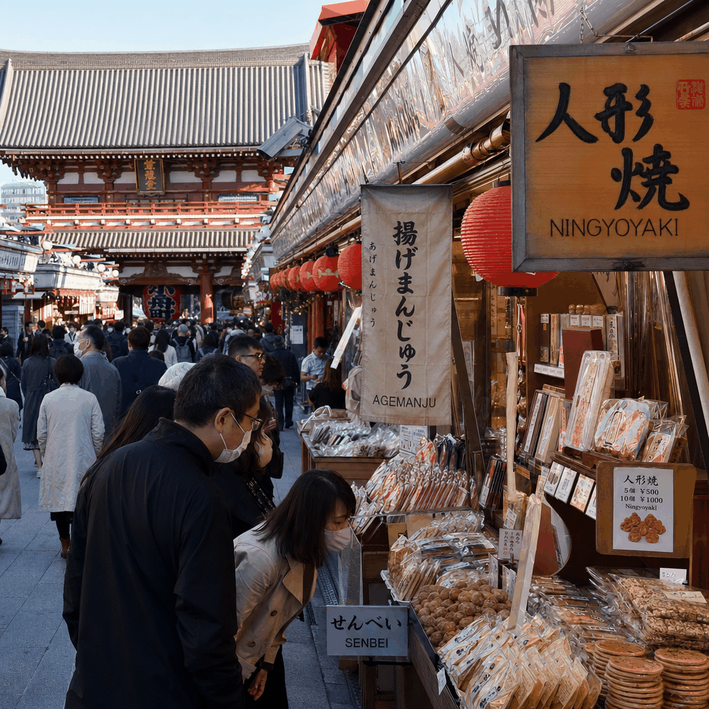 [[photo1]] Nakamise Shopping Street snack stalls near Sensoji Temple in Asakusa, Tokyo