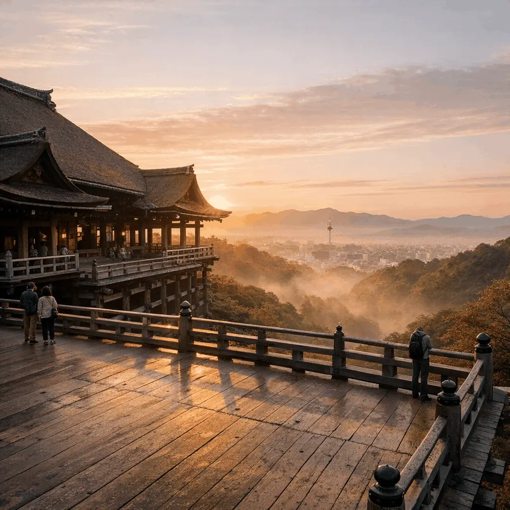 Kiyomizu-dera wooden stage and hillside view at sunrise, showing temple and surrounding trees