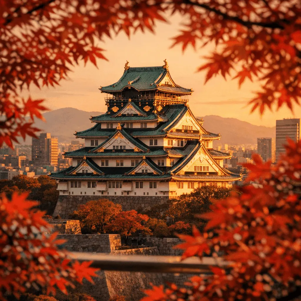 Elevated telephoto view of Osaka Castle aligned with the city skyline from the Osaka Museum of