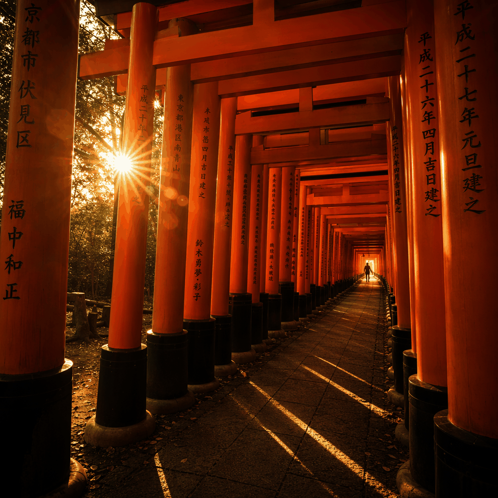 Empty torii tunnel at Fushimi Inari Taisha just after sunrise