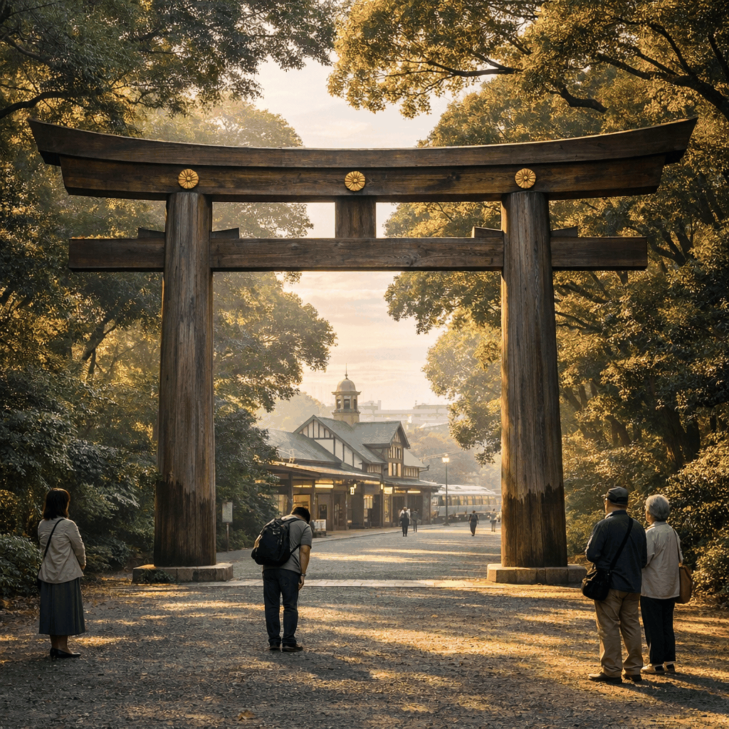 Entrance torii and tree-lined path at Meiji Jingu near Harajuku Station