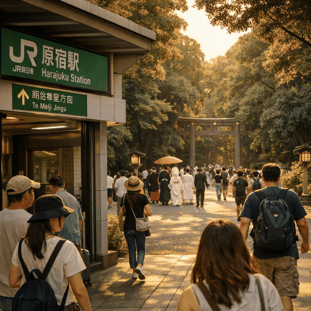 Quiet shrine grounds and pathway at Meiji Jingu in late afternoon