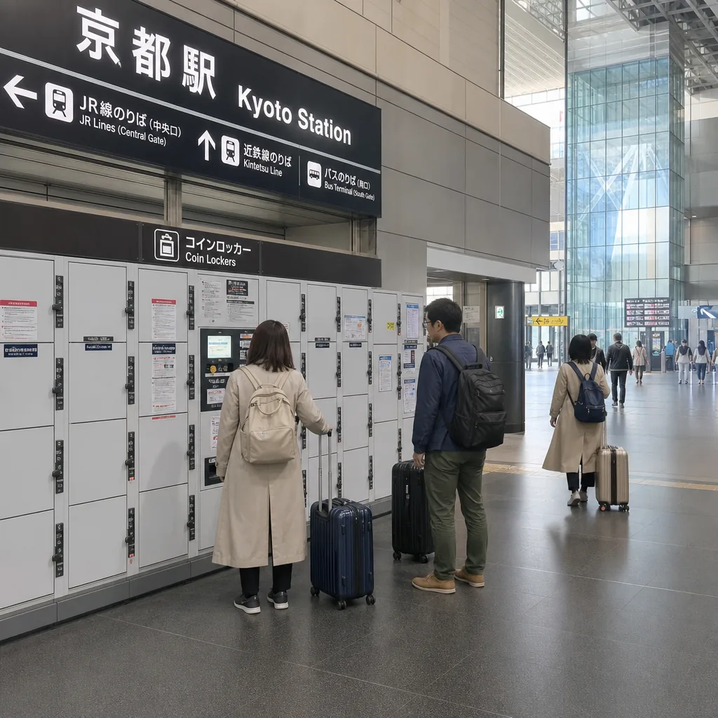 Kyoto Station luggage storage options for travelers with suitcases and day bags