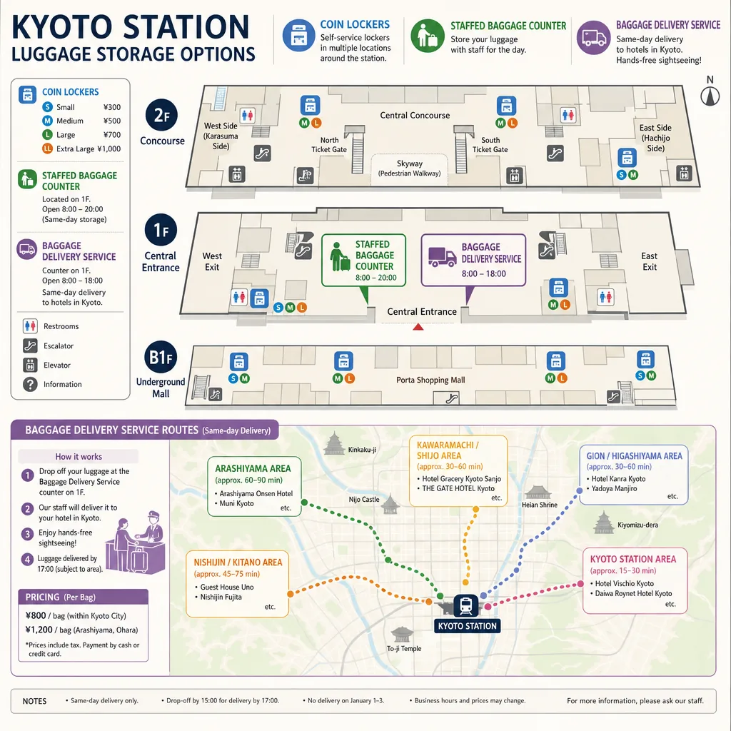 Travelers using coin lockers and baggage services at Kyoto Station in Kyoto