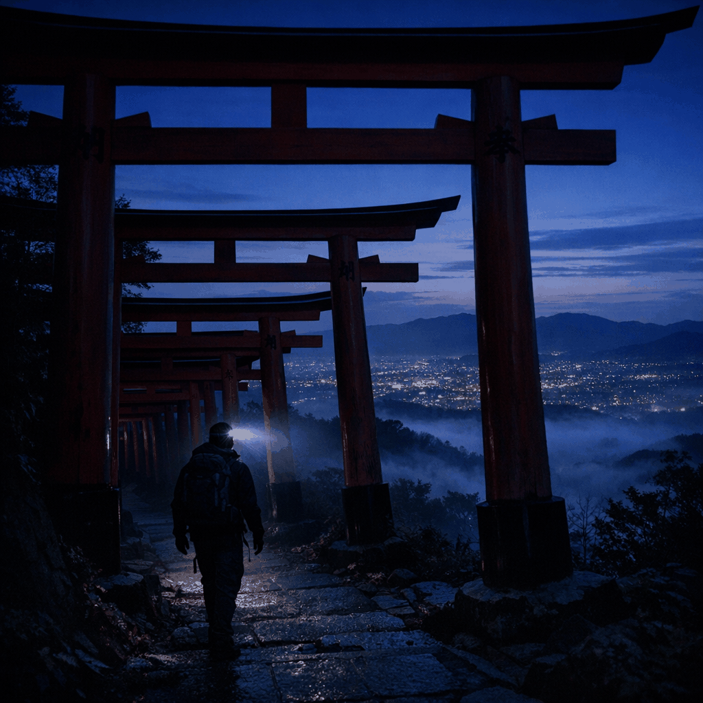 Early morning at Fushimi Inari torii gates with pre-dawn sky