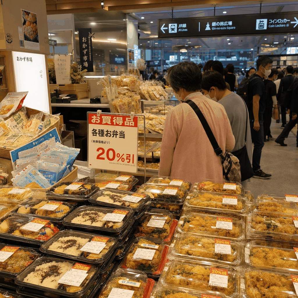 Tokyo depachika food hall with discounted bento and snack counters near closing time