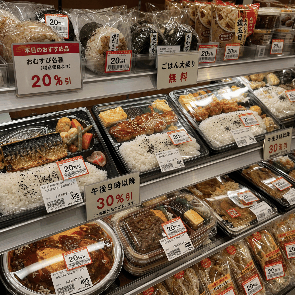 Prepared bento and deli items in a Tokyo department store basement food floor