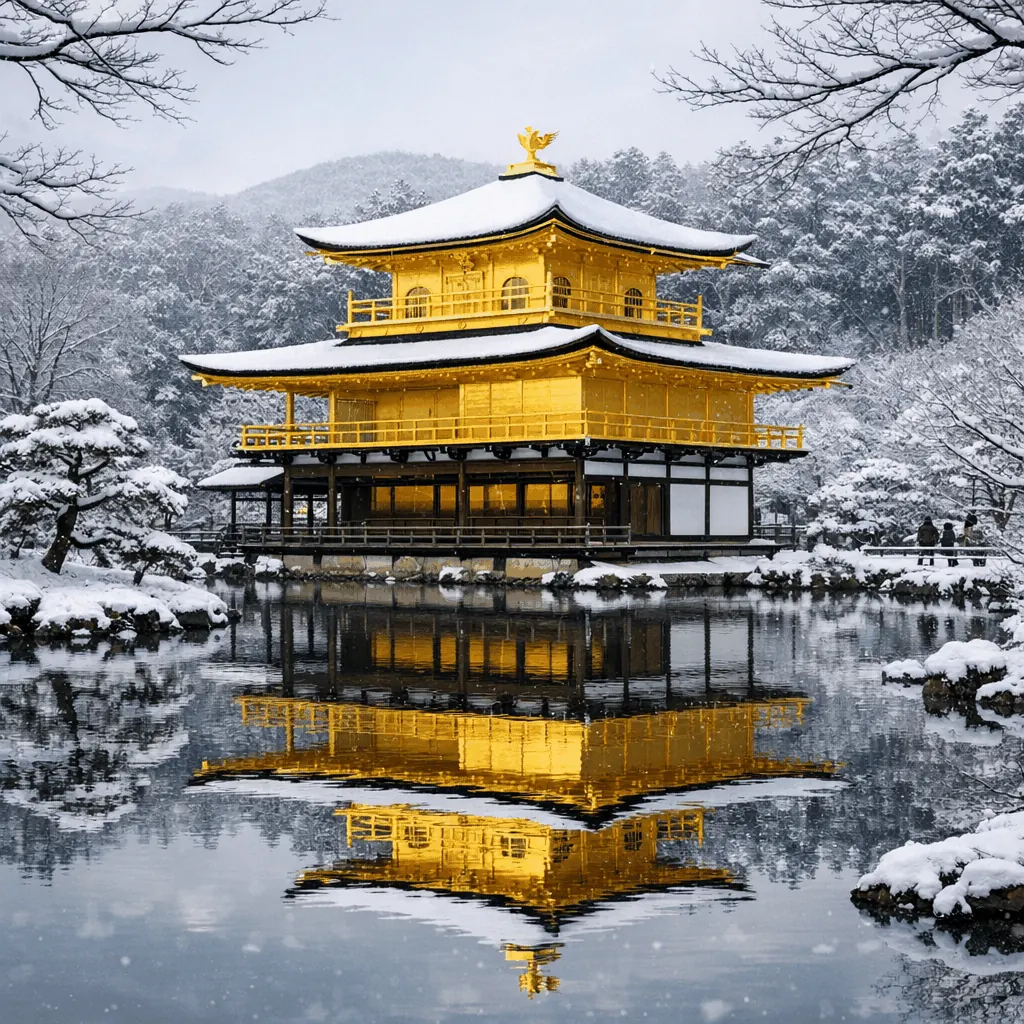 Kinkaku-ji framed by autumn foliage along the main visitor path