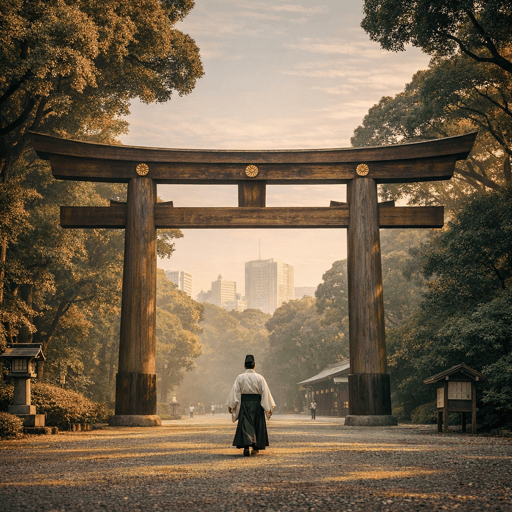 Wide view of Meiji Shrine torii gate and forested approach in Tokyo