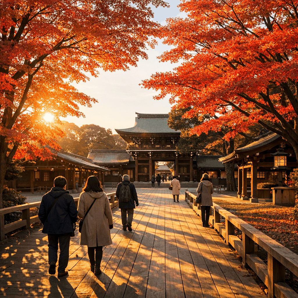 Quiet pathway inside Meiji Jingu grounds with lanterns and visitors