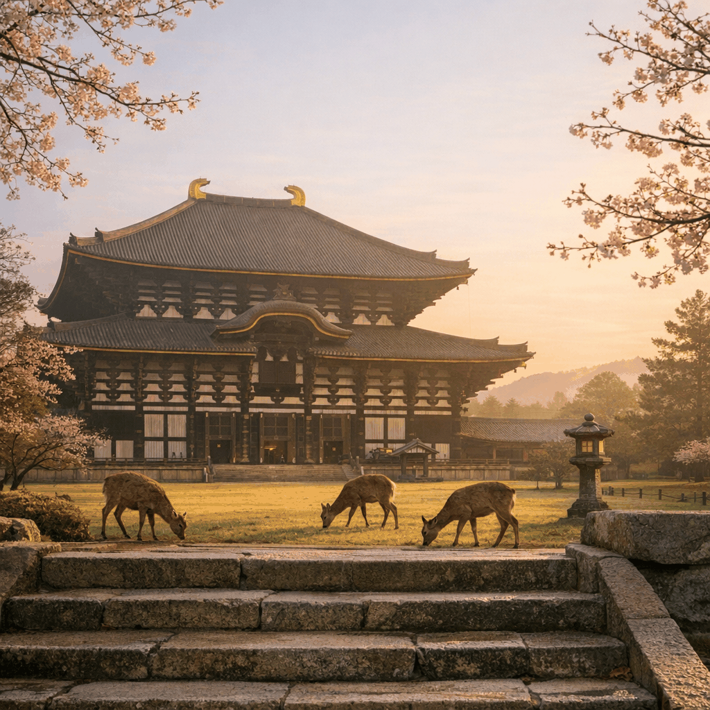 Tōdai‑ji Daibutsuden (Great Buddha Hall) with Nara Park in the foreground in morning light