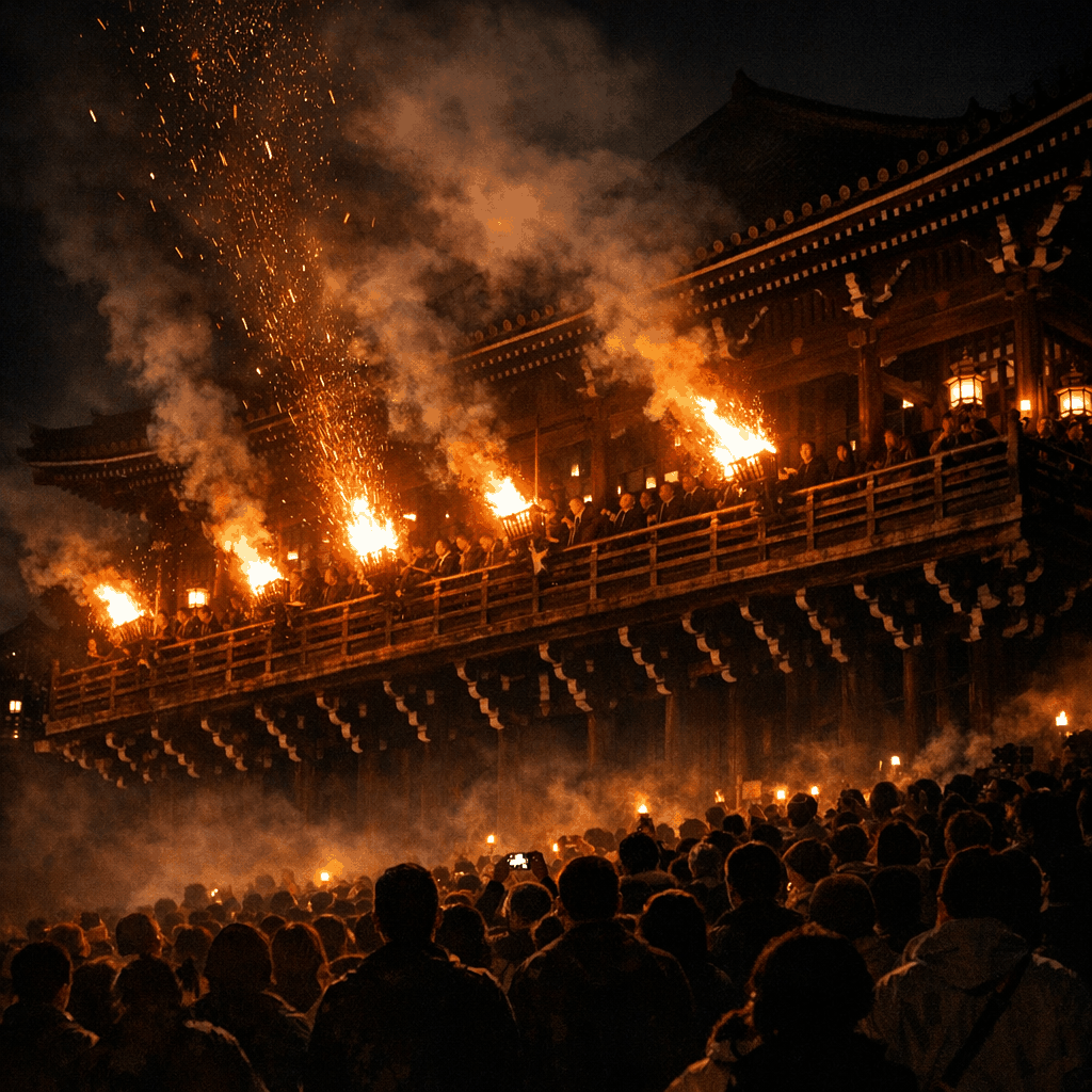 Night view of Nigatsu‑dō during Omizutori torch ceremonies with smoke and crowds