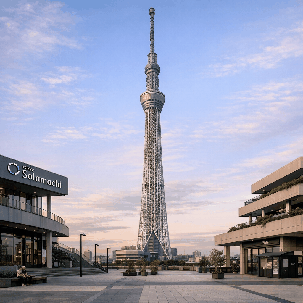 Tokyo Skytree tower rising above Tokyo Solamachi on a clear morning
