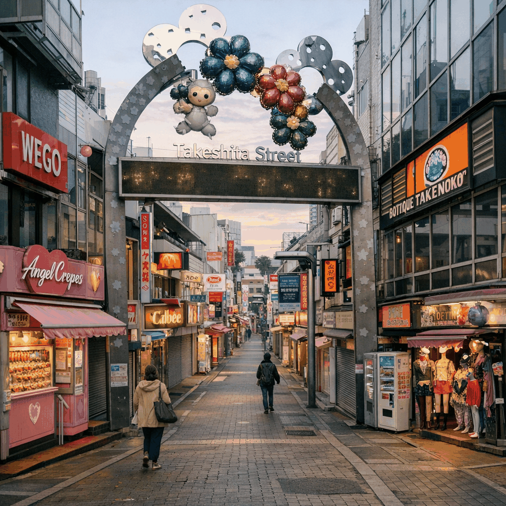 Entrance to Takeshita Street in Harajuku with storefronts and pedestrians