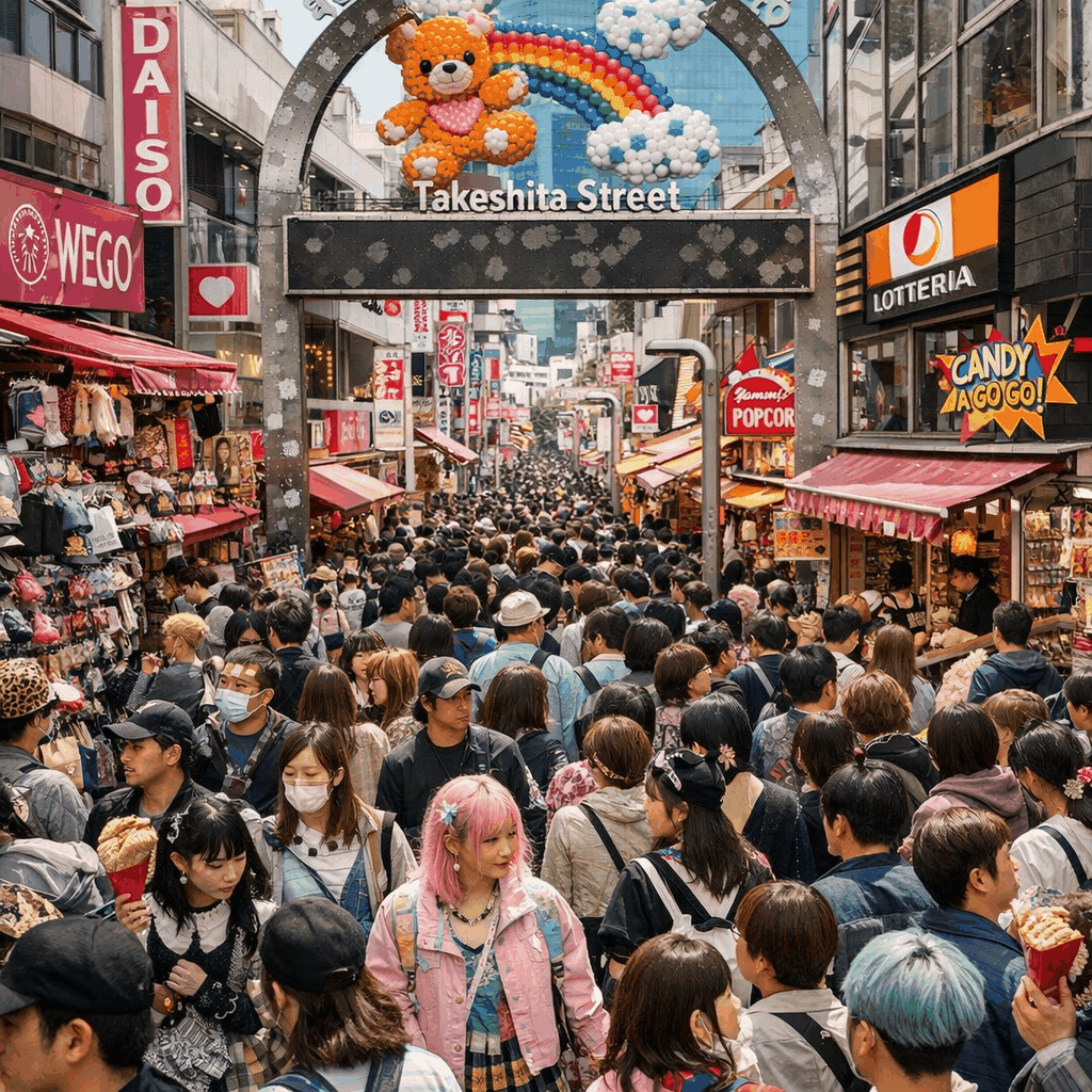 Narrow section of Takeshita-dori showing shops, crepe stands and foot traffic