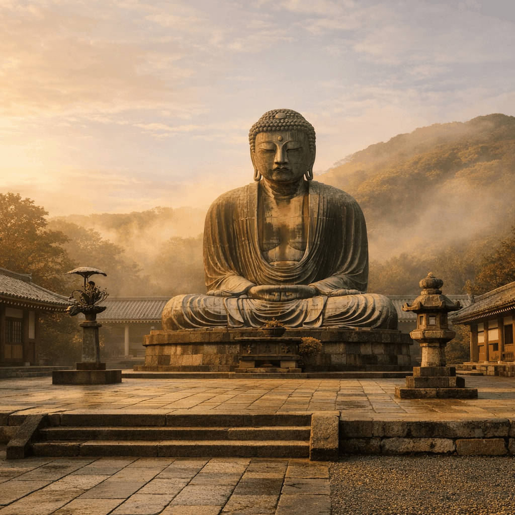 Frontal view of Kamakura Great Buddha (Daibutsu) at Kotoku-in, showing bronze statue and temple